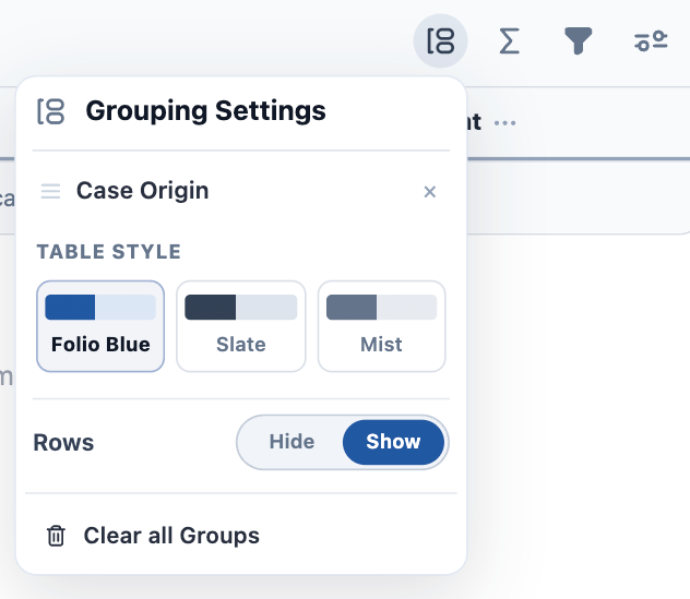 The Grouping Settings panel listing a grouping on Case Origin, with Folio Blue, Slate, and Mist table styles, a Rows show/hide toggle, and Clear all Groups