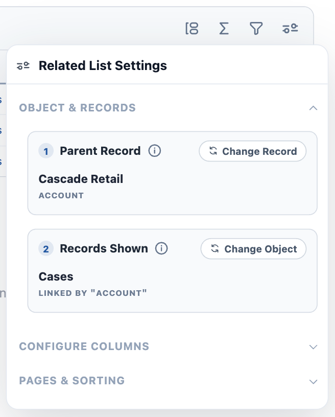 The Related List Settings panel with Object & Records expanded, showing the Parent Record and the Records Shown with their change buttons, above the collapsed Configure Columns and Pages & Sorting sections
