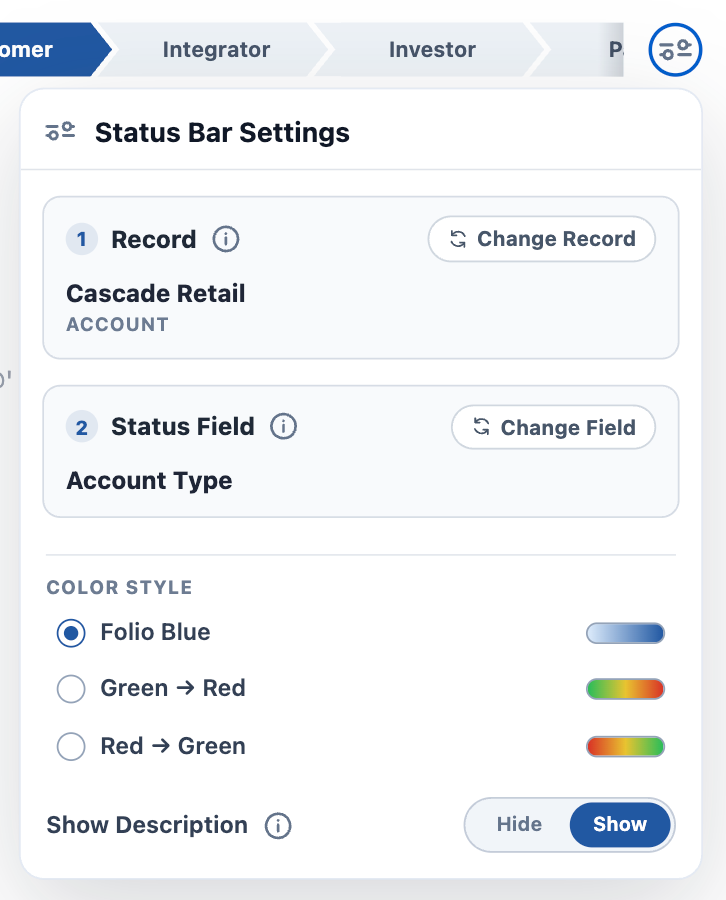The Status Bar Settings panel — the chosen Record and Status Field each with a change button, a Color Style choice of Folio Blue, Green to Red, or Red to Green, and a Show Description toggle