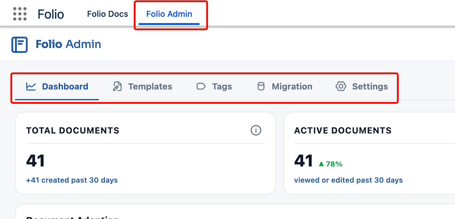 The Folio Admin app showing its five tabs — Dashboard, Templates, Tags, Migration, and Settings