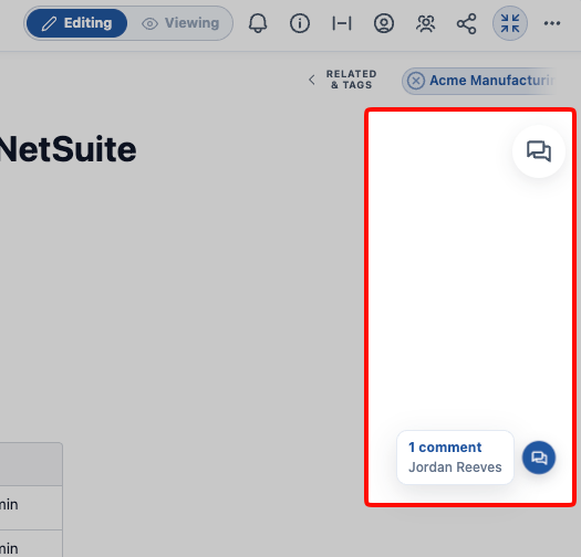 The comments button in the upper-right with the sidebar closed, above a floating pill reading 1 comment from Jordan Reeves