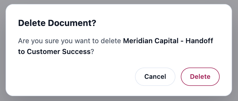 The Delete Document confirmation popout, naming the Document by title