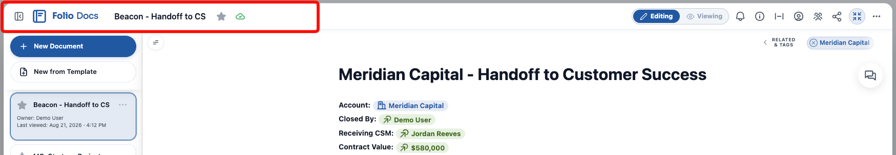 The Document Header — sidebar toggle, title, star, and save indicator