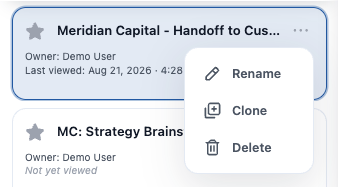 The 3-dots action menu on a sidebar tile, showing Rename, Clone, and Delete