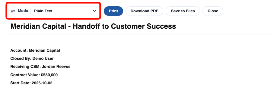The PDF rendering page, with the Mode selector set to Plain Text beside the Print, Download PDF, Save to Files, and Close buttons