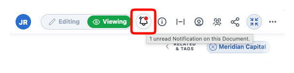 The notification bell with an unread dot, and a tooltip reading 1 unread Notification on this Document