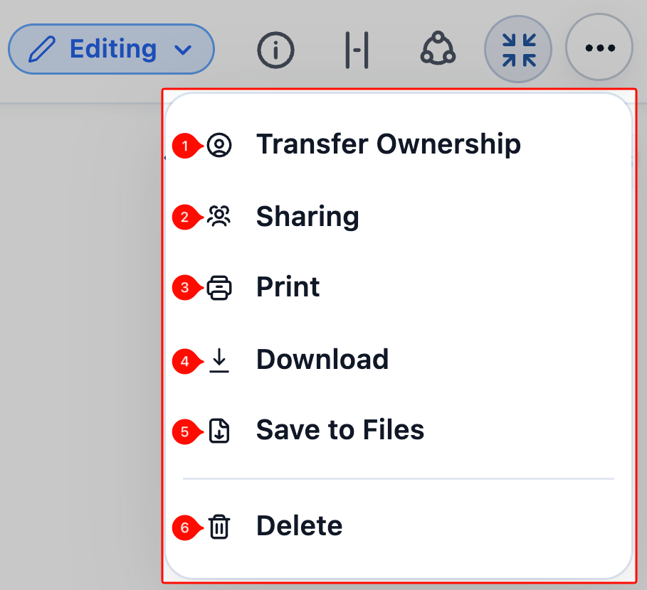 3-dots overflow menu — Transfer ownership, Sharing, Print, Download, Save to Files, Delete