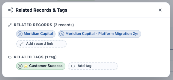 The Related Records & Tags popout, showing linked records and Tags with their add buttons