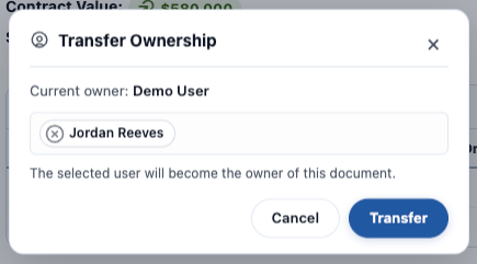 The Transfer Ownership popout, showing the current owner and the user selected to receive the Document