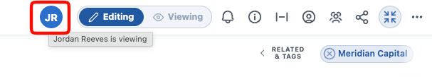 A viewer avatar in the Utility Bar, with a tooltip reading Jordan Reeves is viewing