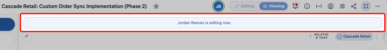 A blue banner across the top of the Document reading "Jordan Reeves is editing now", below the header where that viewer's initials are ringed in green and the mode toggle sits on Viewing