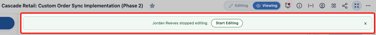 A green banner across the top of the Document reading "Jordan Reeves stopped editing." with a Start Editing button beside it and a dismiss × at its right end